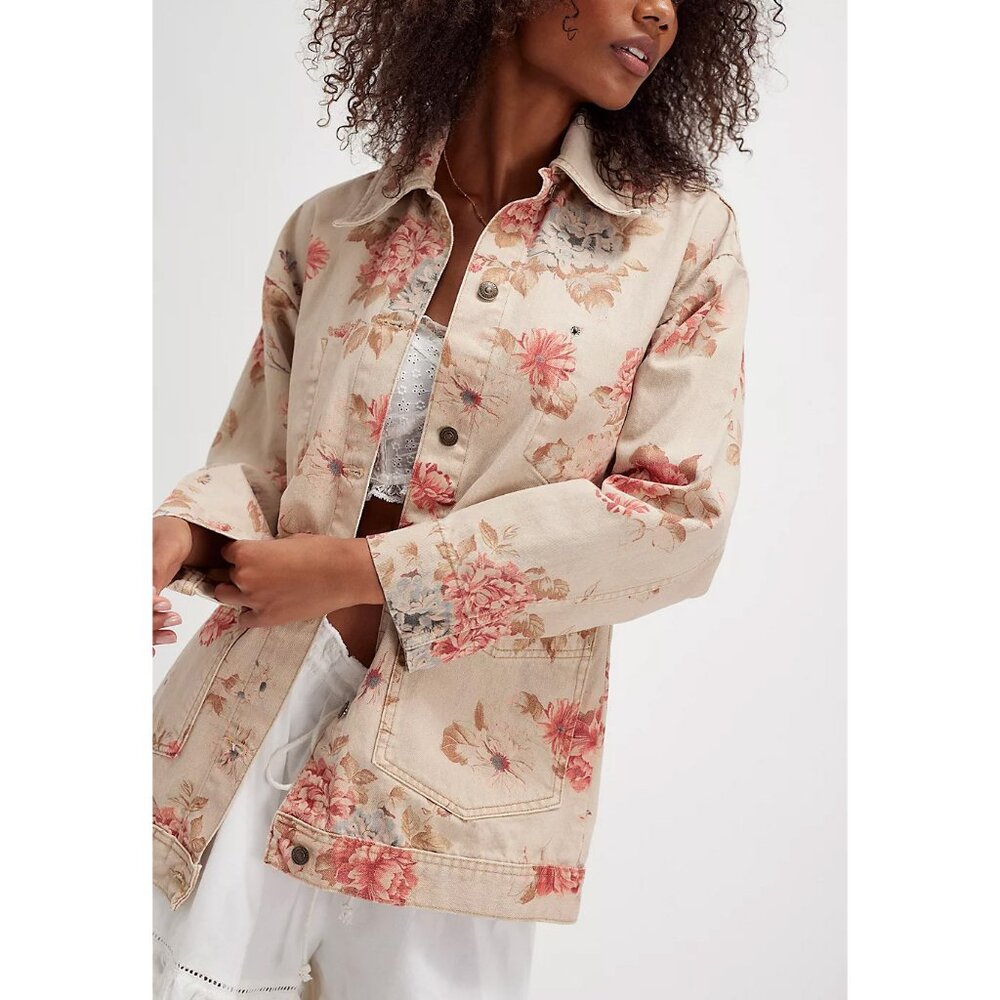 Free People Floral Jean Jacket - Cream and Pink